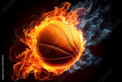 a Glowing Ball Burning on Fire in Orange Flames, Giving off Heat and Smoke for Competitive Basketball: A Visual representation of the Madness and Excitement of the Game, Ai generative © Lucky Ai