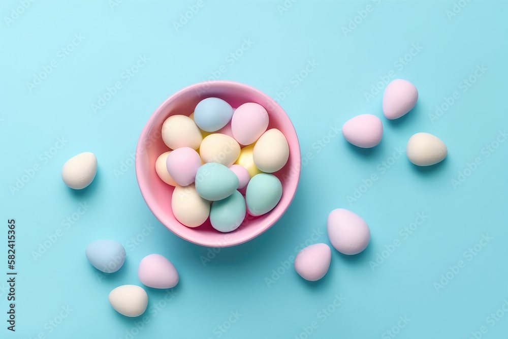 Pastel colored Easter eggs in bowl. Easter Holiday concept. Greeting card design. Top view. Copy space. Generative ai. Pastel colored Easter eggs in bowl. Easter Holiday concept. Greeting card design. Top view. Copy space. Generative ai.