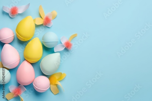 Group of pastel colored Easter eggshells. Easter Holiday concept. Greeting card design. Top view. Copy space. Generative ai.
