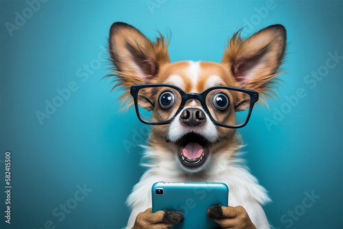 Happy smiling smart dog holding a smartphone, blue background. Generative AI