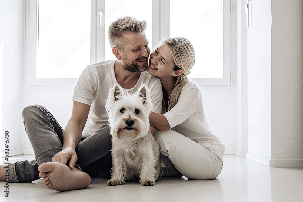 AI Generative Illustration of a Caucasian couple laughing and enjoying the company and love of their dog on the bed of a modern apartment AI Generative Illustration of a Caucasian couple laughing and enjoying the company and love of their dog on the bed of a modern apartment