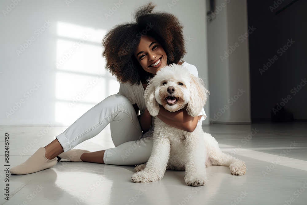 Generative Illustration AI of a black woman with afro hair smiling next to her dog living moments of happiness Generative Illustration AI of a black woman with afro hair smiling next to her dog living moments of happiness