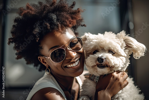 Generative Illustration AI of a black woman with afro hair smiling next to her dog living moments of happiness