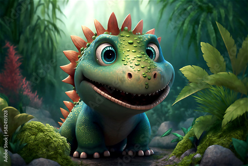 Cute baby dinosaur in cartoon style, animation fantasy. AI generated © bit24