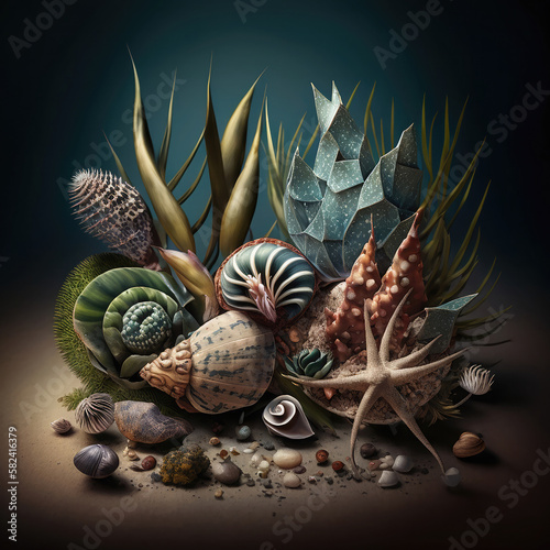 Still life with sea shells and sea snails. Generative AI photo