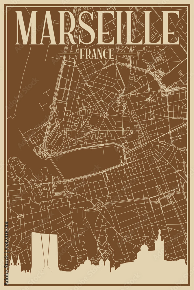 Brown hand-drawn framed poster of the downtown MARSEILLES, FRANCE with highlighted vintage city skyline and lettering