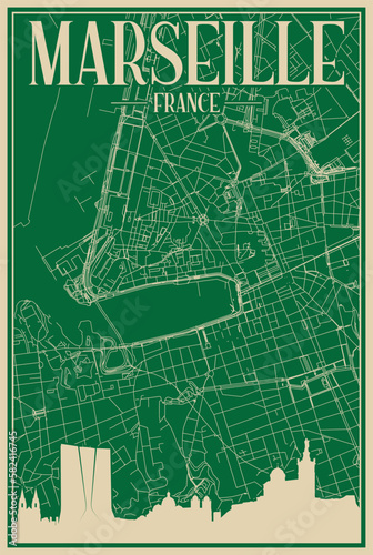 Green hand-drawn framed poster of the downtown MARSEILLES, FRANCE with highlighted vintage city skyline and lettering