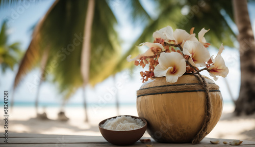 Coconut with flowers under palm trees at the beach. Background with selective focus and copy space