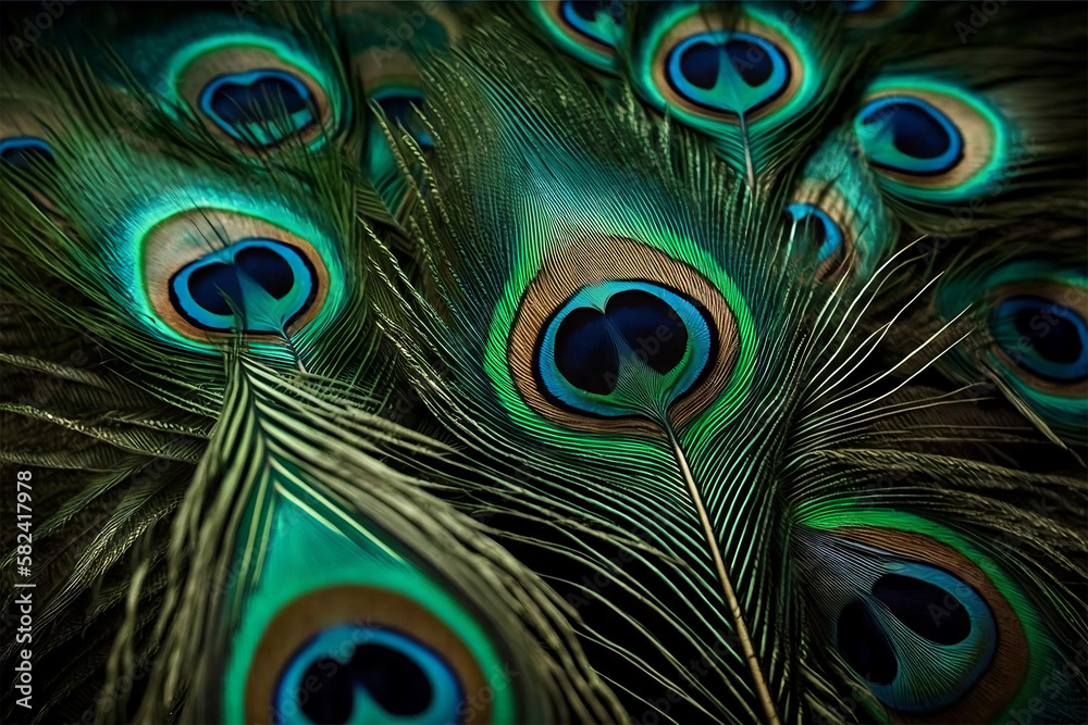 Obraz premium Beautiful green and blue peacock feathers background. Generative ai
