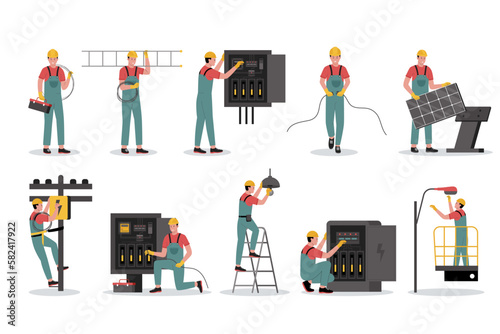 Vector illustration set of electrical workers. Illustration for website, landing page, mobile app, poster and banner. Trendy flat vector illustration