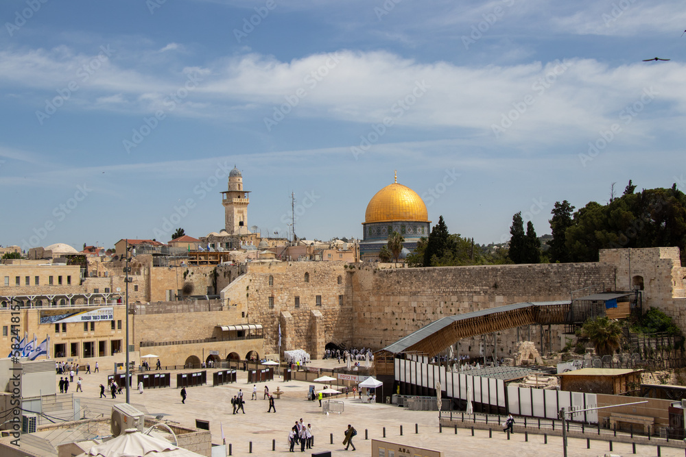 The capital of religions. Western Wall and Dome of The Rock in old city of Jerusalem.