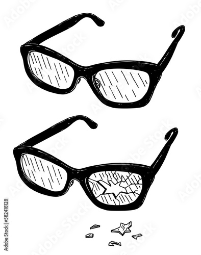 Glasses and Broken glasses. Two pair of cartoon reading glasses, new and broken ones. Vector glasses isolated on white background.