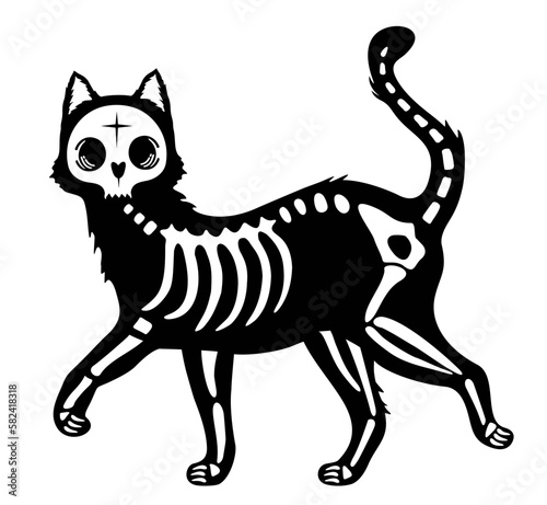 Skeleton black cat. Silhouette Halloween cat with bones costume. Cat Skull vector bone skeleton icon logo Halloween illustration. Funny pets. Vector illustration on white background. Tattoo.