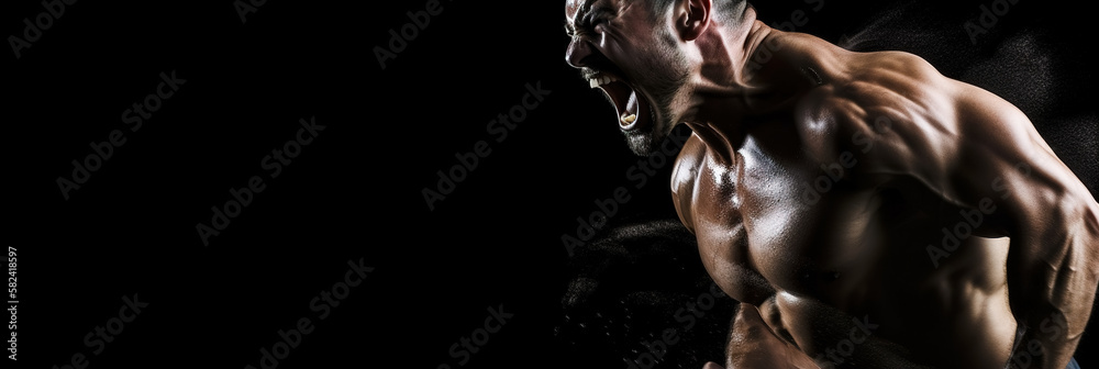 Portrait of a muscular man with tense muscles and screaming against a dark background, banner. Generative ai Portrait of a muscular man with tense muscles and screaming against a dark background, banner. Generative ai