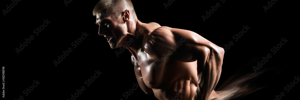 Portrait of a muscular man with tense muscles and screaming against a dark background, banner. Generative ai