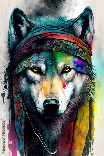 Wolf wearing Bandana, Psychedelic Illustration. Generative AI