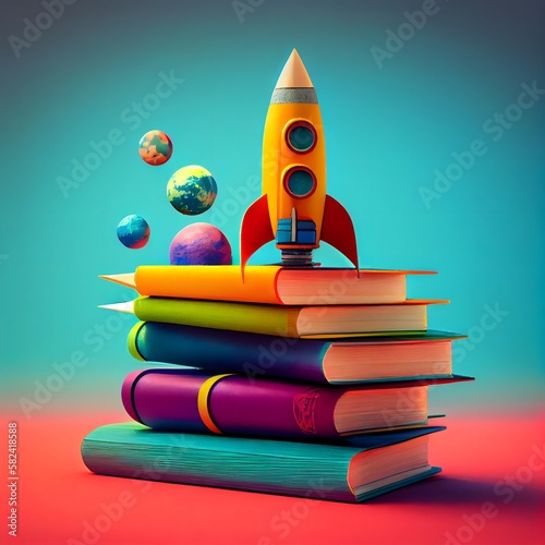 toy rocket launches from the books and begins to spew smoke. Symbol of the thirst for knowledge and education. Illustration used in schools, Ai generative