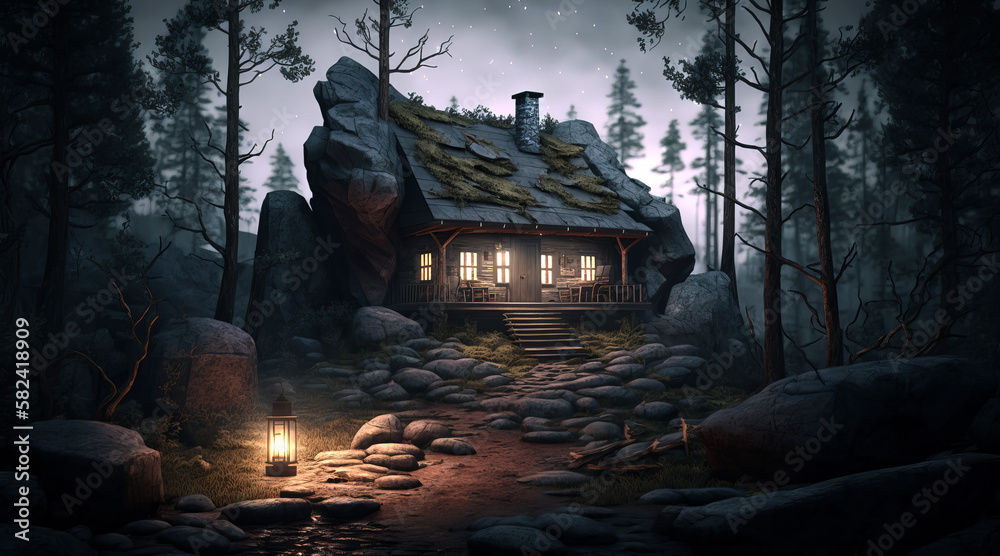 Obraz premium House with light in the windows in the night forest