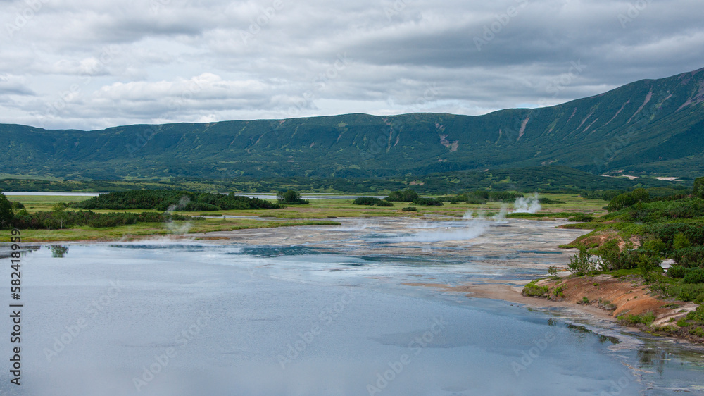 Panorama of hot springs, pools and warm toxic lakes in Kronotsky Nature Reserve 