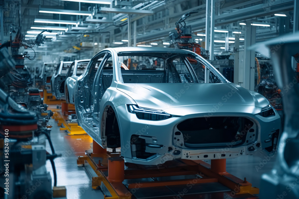 Fototapeta premium auto assembly line of cars in a factory. Generative AI