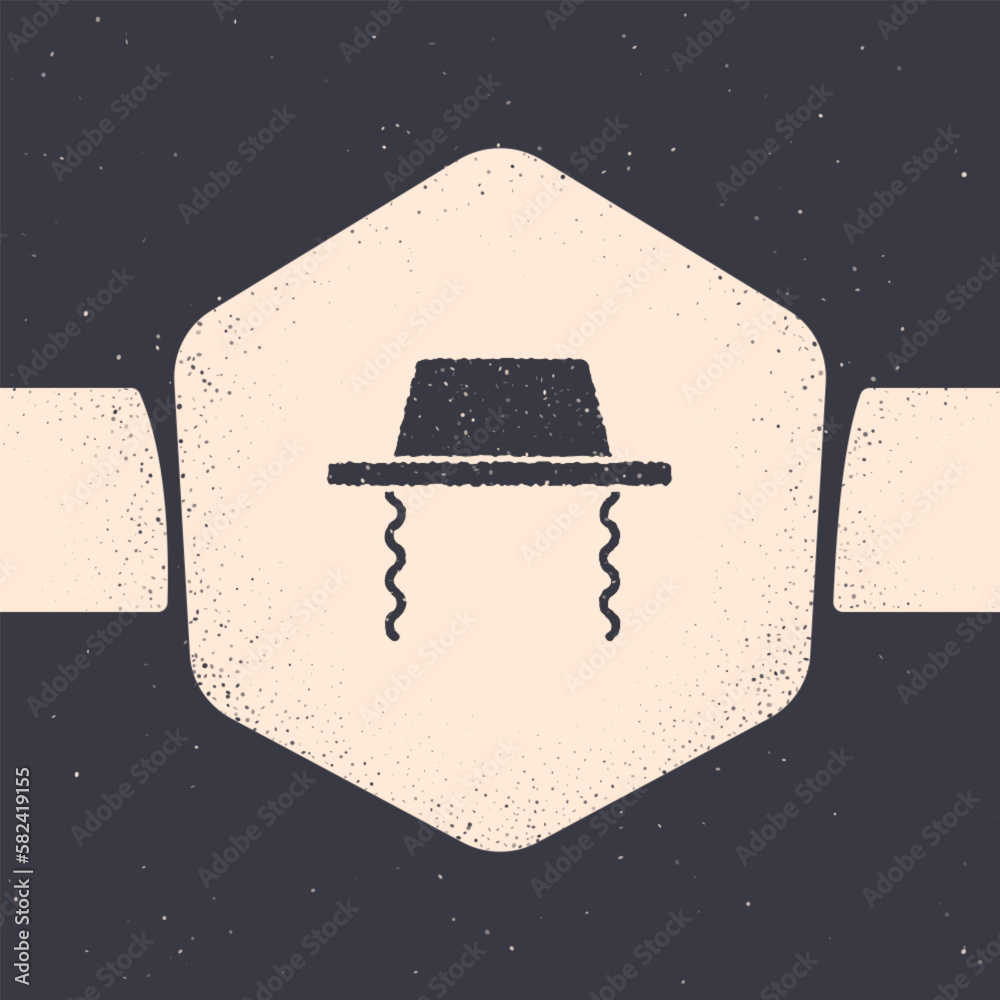 Grunge Orthodox jewish hat with sidelocks icon isolated on grey background. Jewish men in the traditional clothing. Judaism symbols. Monochrome vintage drawing. Vector
