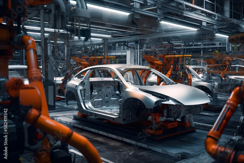 auto assembly line of cars in a factory. Generative AI © Hound