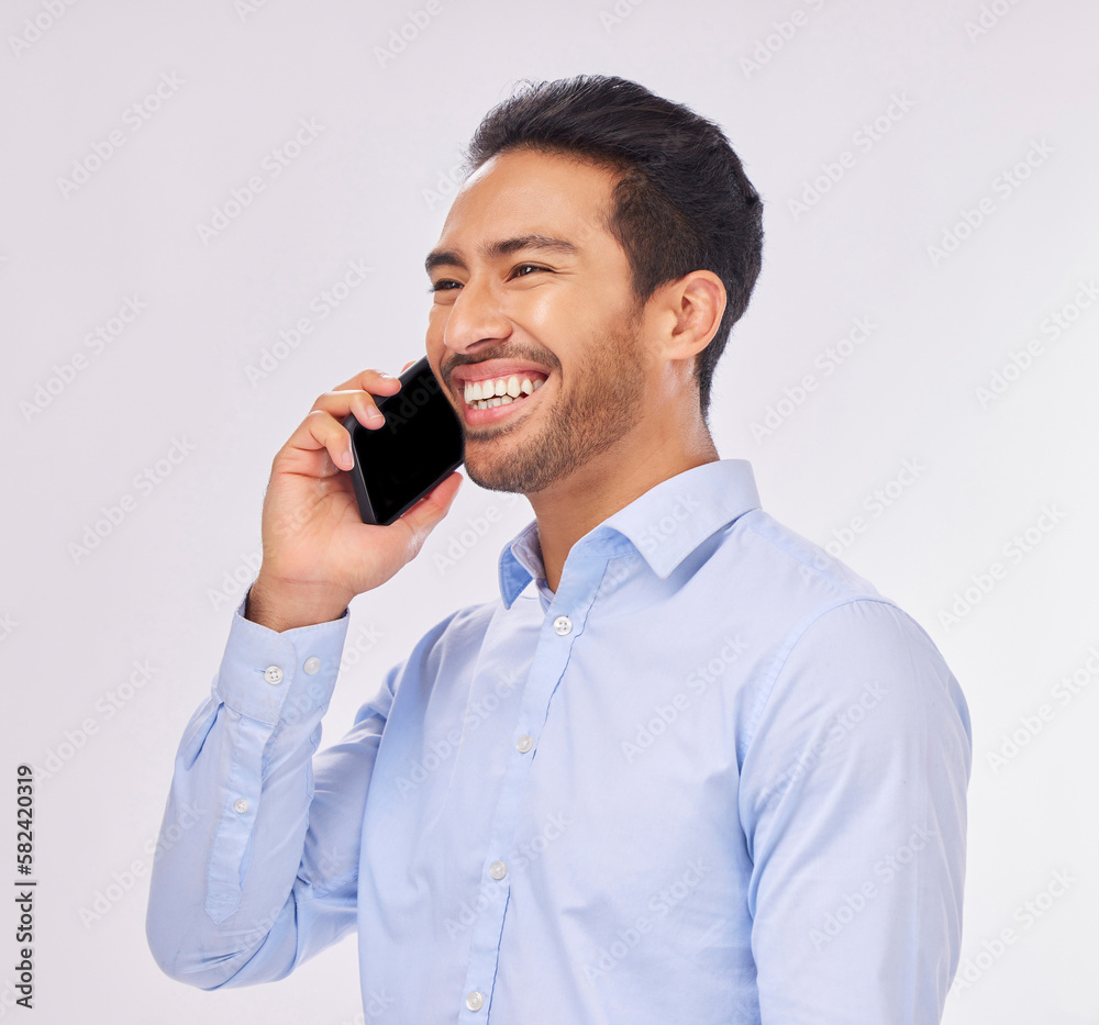 Phone call, smile and business man talking in studio isolated on a white background. Cellphone, communication and happy Asian male professional with mobile for funny discussion, speaking or chatting. Phone call, smile and business man talking in studio isolated on a white background. Cellphone, communication and happy Asian male professional with mobile for funny discussion, speaking or chatting.