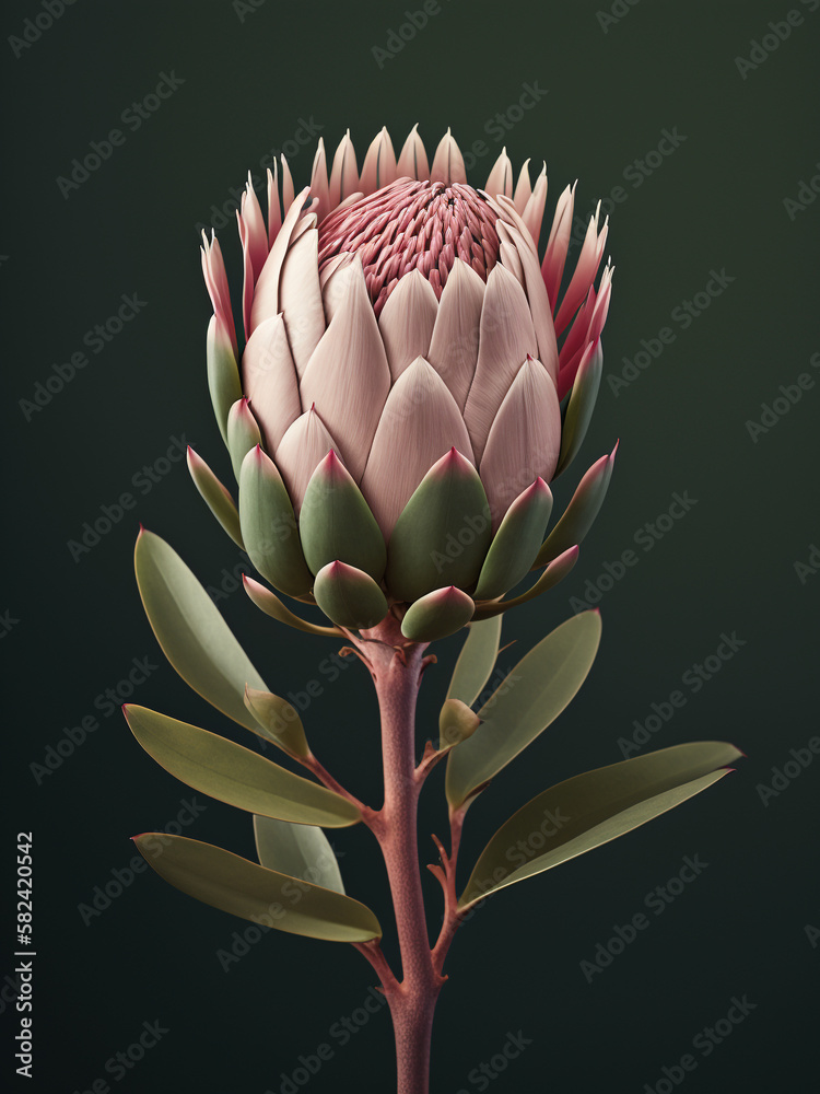 Fototapeta premium Close-up exotic flower of pink king protea plant over green background, bouquet, gift, valentine's day