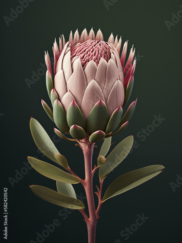 Close-up exotic flower of pink king protea plant over green background, bouquet, gift, valentine's day