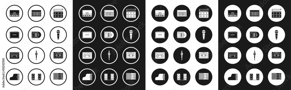 Set Drum with drum sticks, Vinyl disk, Guitar amplifier, Piano, Microphone, Music synthesizer, Retro audio cassette tape and VHS video icon. Vector Set Drum with drum sticks, Vinyl disk, Guitar amplifier, Piano, Microphone, Music synthesizer, Retro audio cassette tape and VHS video icon. Vector