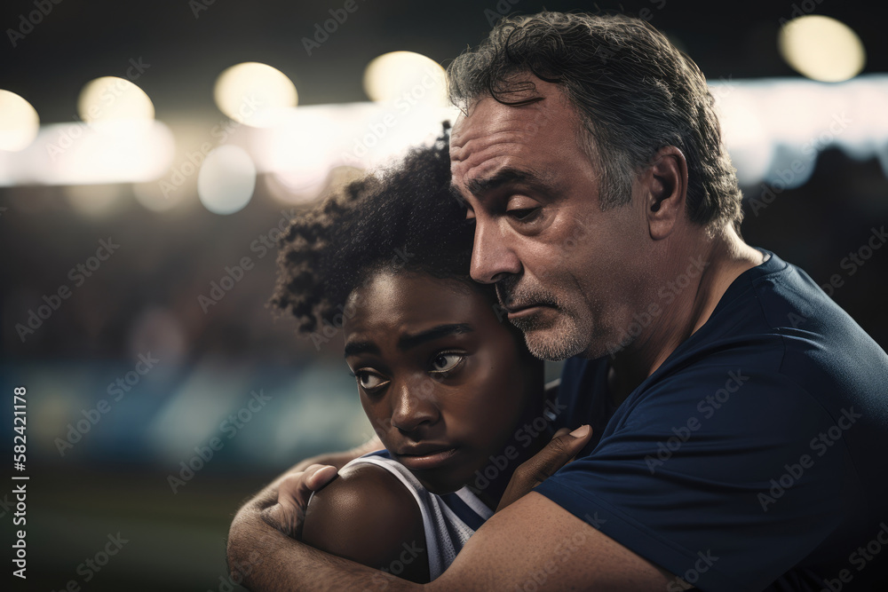 Sexual harassment case of a white middle-aged sports coach and a young black female athlete girl - trainer holding trainee in his arms in stadium as inappropriate abuse with copy space, generative ai Sexual harassment case of a white middle-aged sports coach and a young black female athlete girl - trainer holding trainee in his arms in stadium as inappropriate abuse with copy space, generative ai
