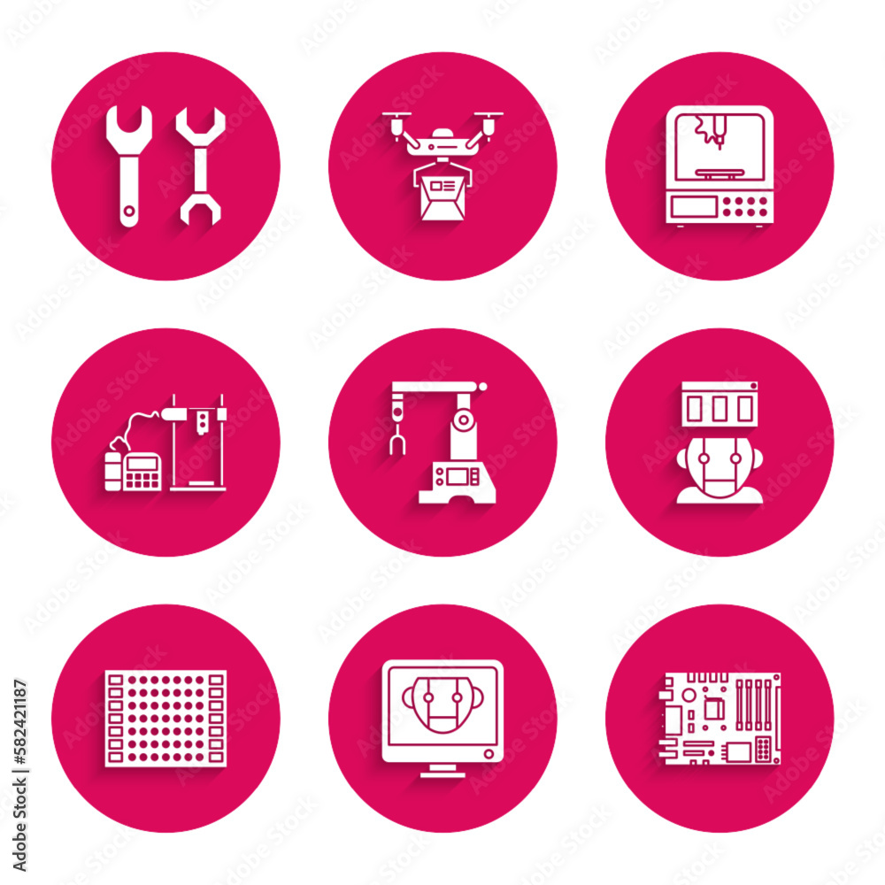 Set Assembly line, Bot, Electronic computer components motherboard digital chip, Robot, Printed circuit PCB, 3D printer, and Spanner icon. Vector Set Assembly line, Bot, Electronic computer components motherboard digital chip, Robot, Printed circuit PCB, 3D printer, and Spanner icon. Vector