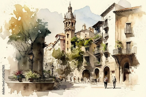 Old city in Barcelona drawing with bit of watercolour.
