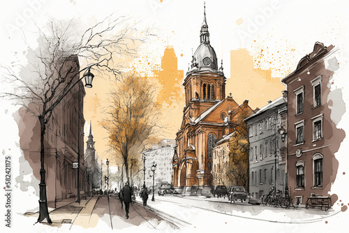 Old city in Berlin drawing with bit of watercolour. photo