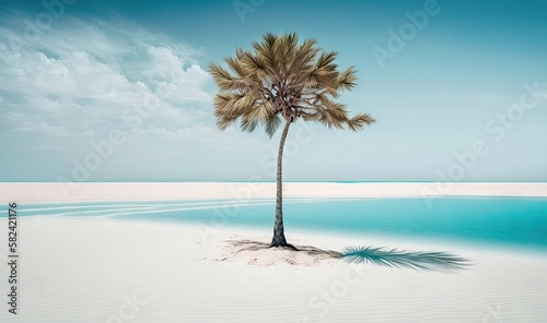  a lone palm tree on a deserted beach in the middle of the ocean.  generative ai © Anna