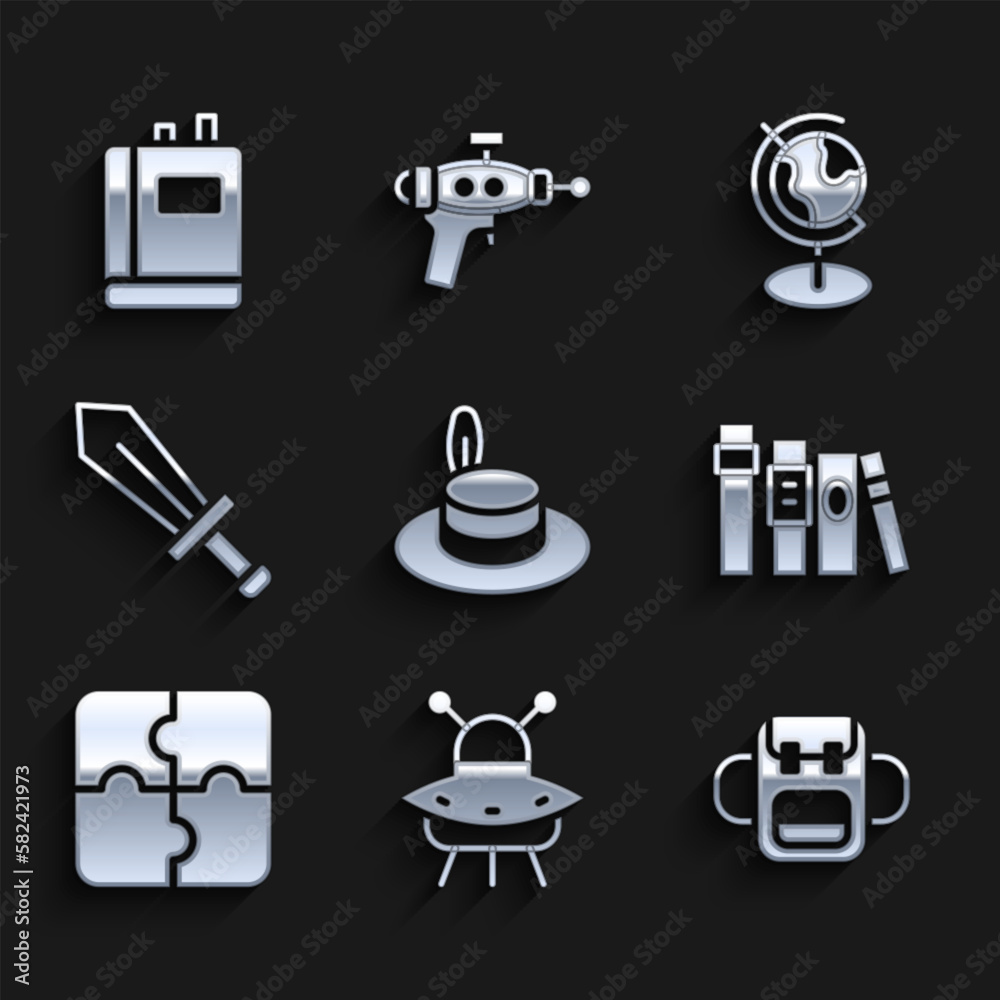 Set Man hat, UFO flying spaceship, School backpack, Book, Piece of puzzle, Sword for game, Earth globe and icon. Vector Set Man hat, UFO flying spaceship, School backpack, Book, Piece of puzzle, Sword for game, Earth globe and icon. Vector