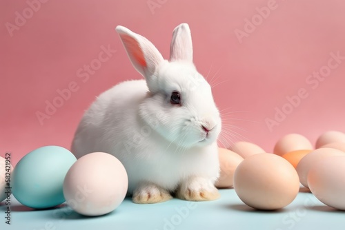 White Easter bunny with colorful eggs on soft pink background. Easter holiday. Greeting card design. Copy space. Generative ai.