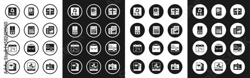 Set Stacks paper money cash, Calculator, Mobile stock trading, Pie chart infographic, Business finance report, ATM and, Failure stocks market and Calendar icon. Vector