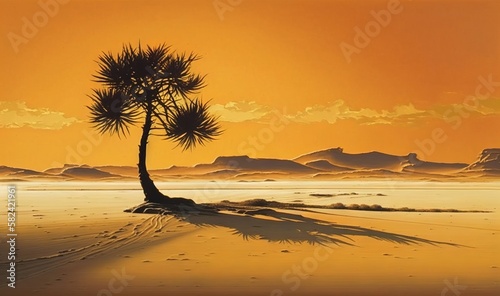  a painting of a palm tree on a beach at sunset.  generative ai