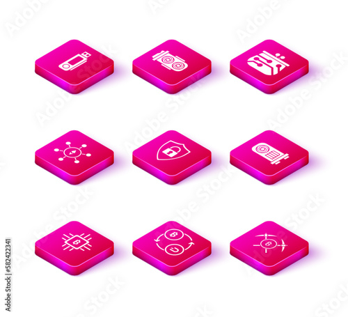 Set CPU mining farm, Cryptocurrency exchange, Blockchain technology Ethereum ETH, Shield security with, Crossed pickaxe, Mining, wallet and icon. Vector