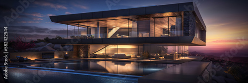 exterior of modern building, futuristic design, panoramic, modern architecture design house building exterior with large spacious windows and a pool, generative ai