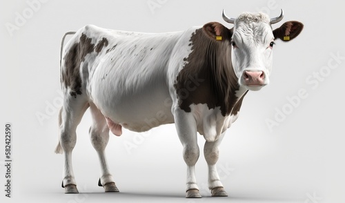  a brown and white cow standing on a white surface with a yellow tag on its ear. generative ai