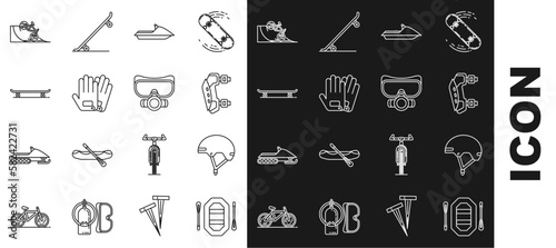 Set line Rafting boat, Helmet, Knee pads, Jet ski, Gloves, Skateboard, Bicycle on street ramp and Diving mask icon. Vector