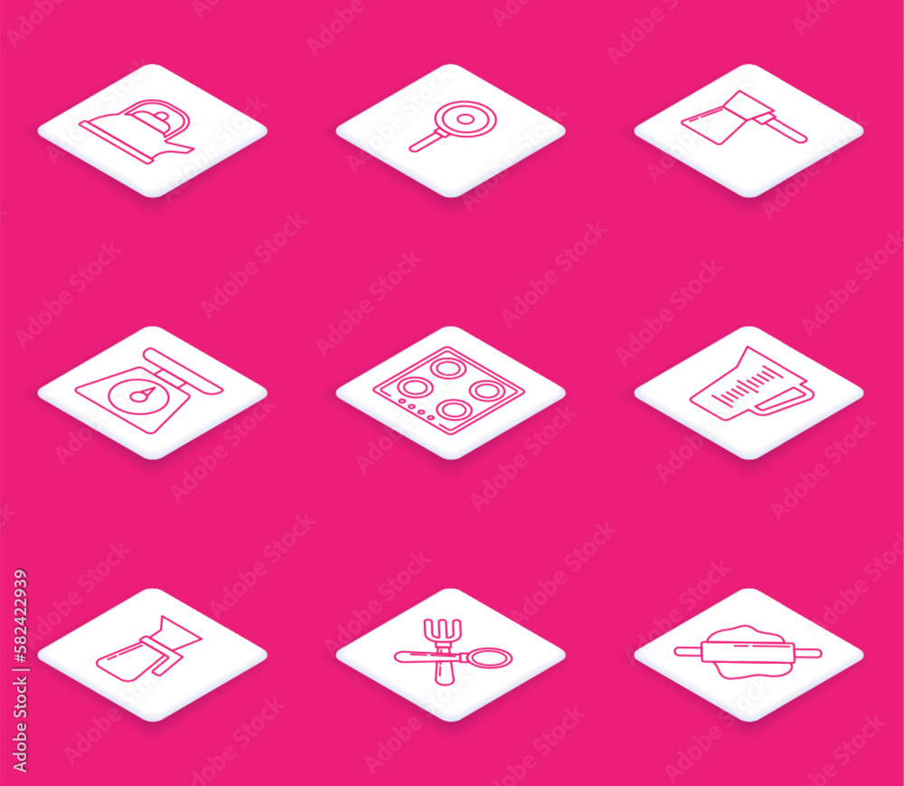 Set line Kettle with handle, Frying pan, Coffee turk, Scales, Gas stove, Measuring cup, and Crossed fork spoon icon. Vector Set line Kettle with handle, Frying pan, Coffee turk, Scales, Gas stove, Measuring cup, and Crossed fork spoon icon. Vector