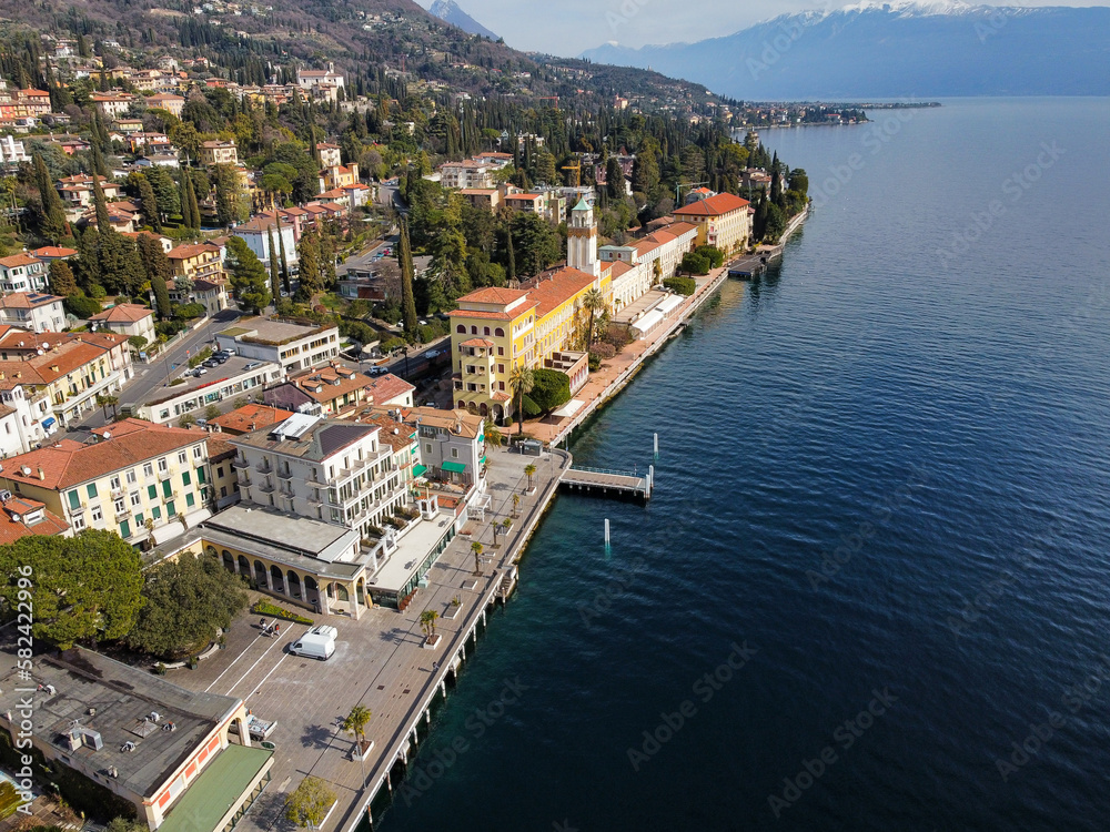 aerial view of the lake front of Gardone Riviera, Garda lake, Italy.