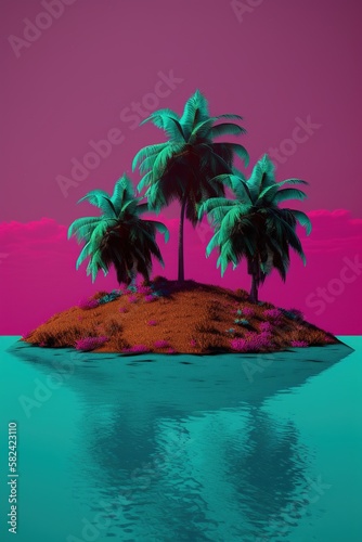 Pop Art Island With Coconut tree.Generative Ai