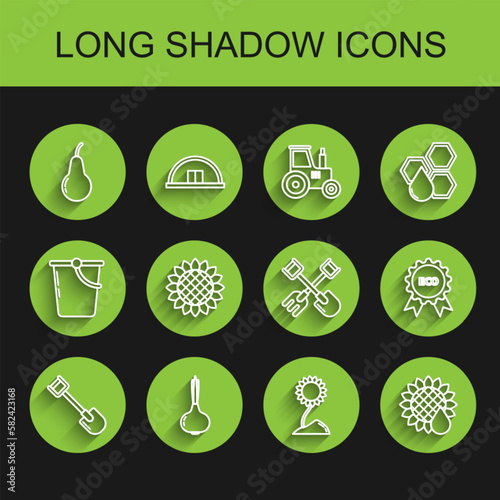 Set line Shovel, Onion, Pear, Sunflower, Banner, label, tag, logo for eco and and rake icon. Vector