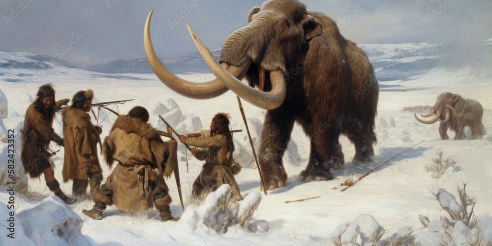 Neanderthal hunters in the Ice Age, skilfully hunting a mammoth with ...