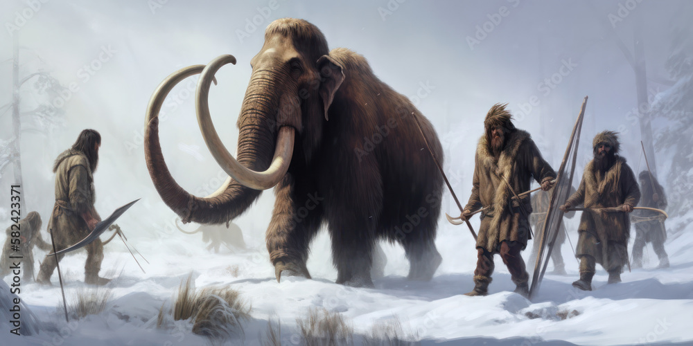 Clovis hunters in Ice Age, using spears to hunt mammoth amid snowy