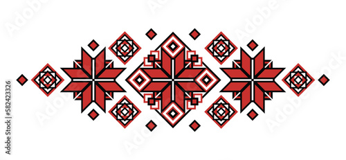 Ornamental Composition Inspired by Ukrainian Traditional Embroidery. Ethnic Motif, Handmade Craft Art. Ukrainian Red and Black Embroidery. Ethnic Design. Vector Illustration